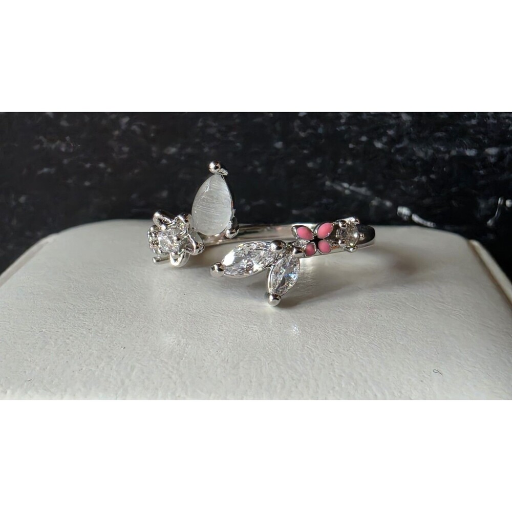 Rhinestone & Pink Enamel Butterfly Silver Tone Metal Adjustable Ring Size 6.25